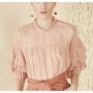 Ulla Johnson Size 4 Deniz Blouse Blush‎ Peach Ruffled Tiered Metallic Stripe